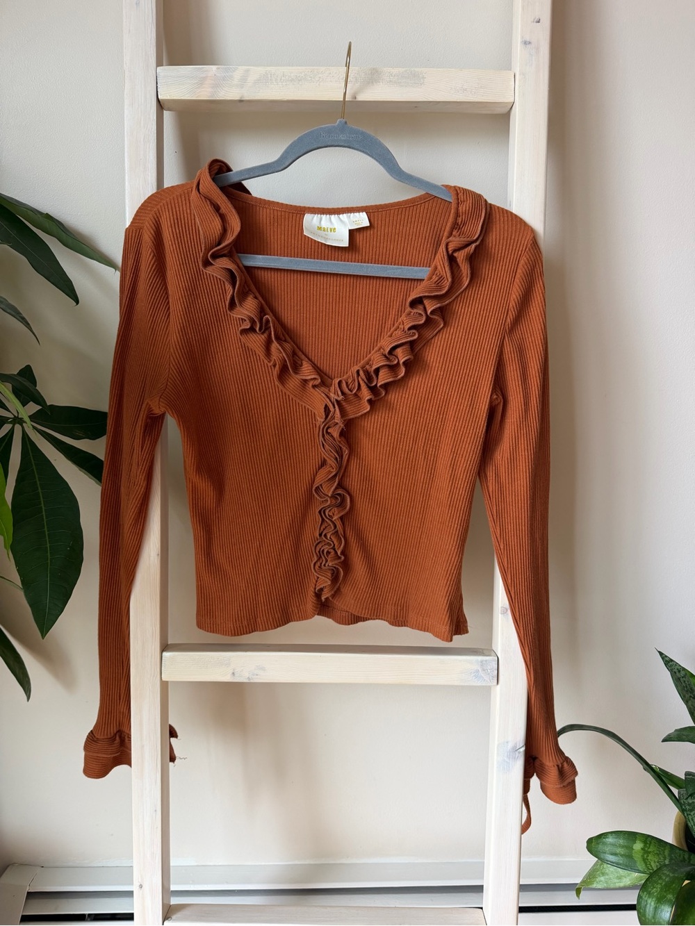 Anthropologie Ruffle-Trim Ribbed V-Neck Top - Rust